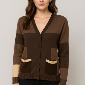 Brown Colorblock Women's Button Up Cardigan Square Patchwork Pockets